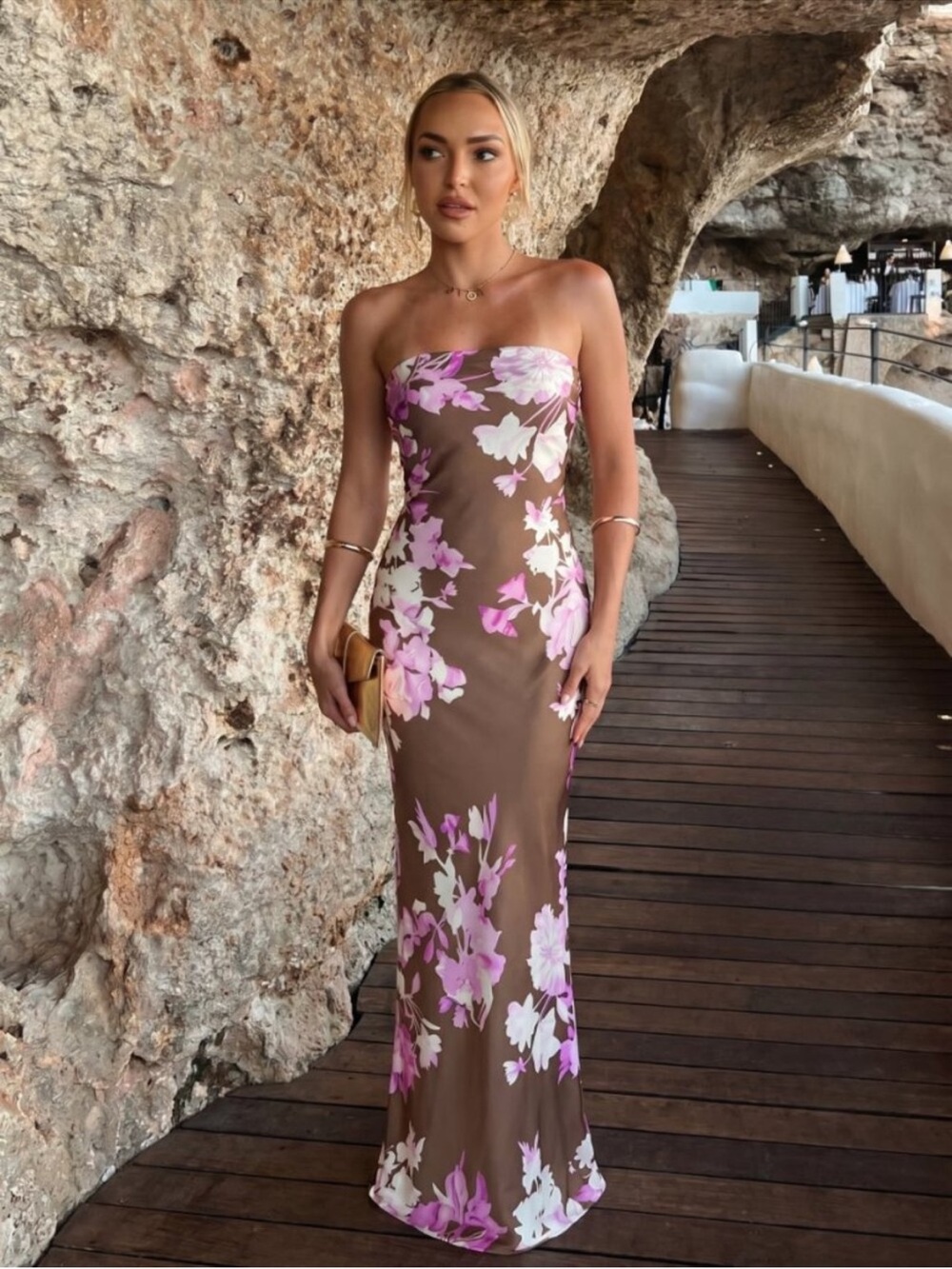 ROCOCO SAND Maxi Strapless Dress in Brown Pink